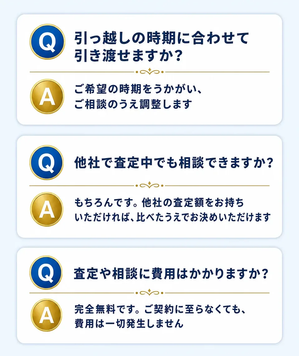 Q 引っ越しの時期に合わせて引き渡せますか？ A ご希望の時期をうかがい、ご相談のうえ調整します。Q 他社で査定中でも相談できますか？ A もちろんです。他社の査定額をお持ちいただければ、比べたうえでお決めいただけます。Q 査定や相談に費用はかかりますか？ A 完全無料です。ご契約に至らなくても、費用は一切発生しません。
